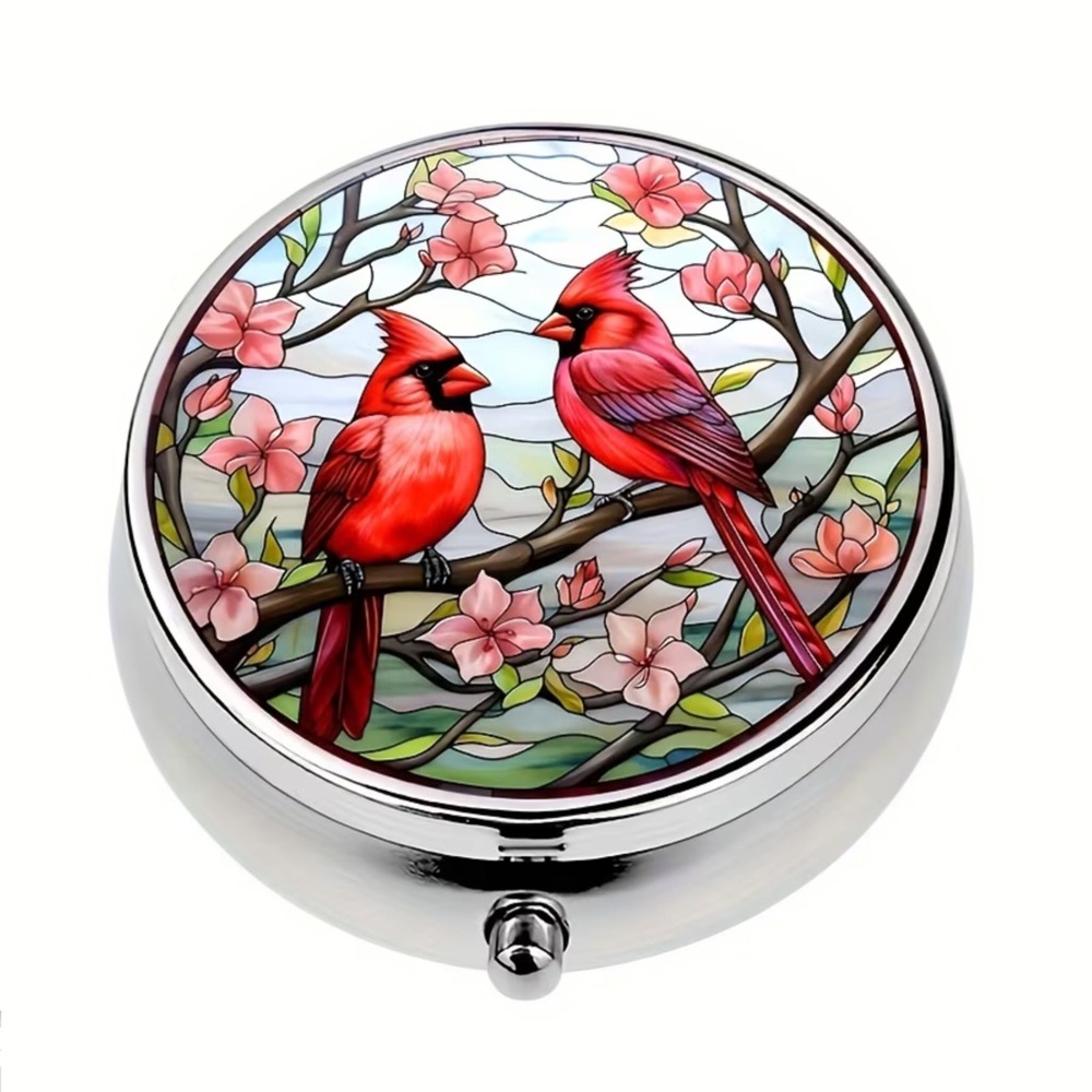 Whimsical Cardinal Bird Stained Glass Multi-Use Mirrored Pill Box Container